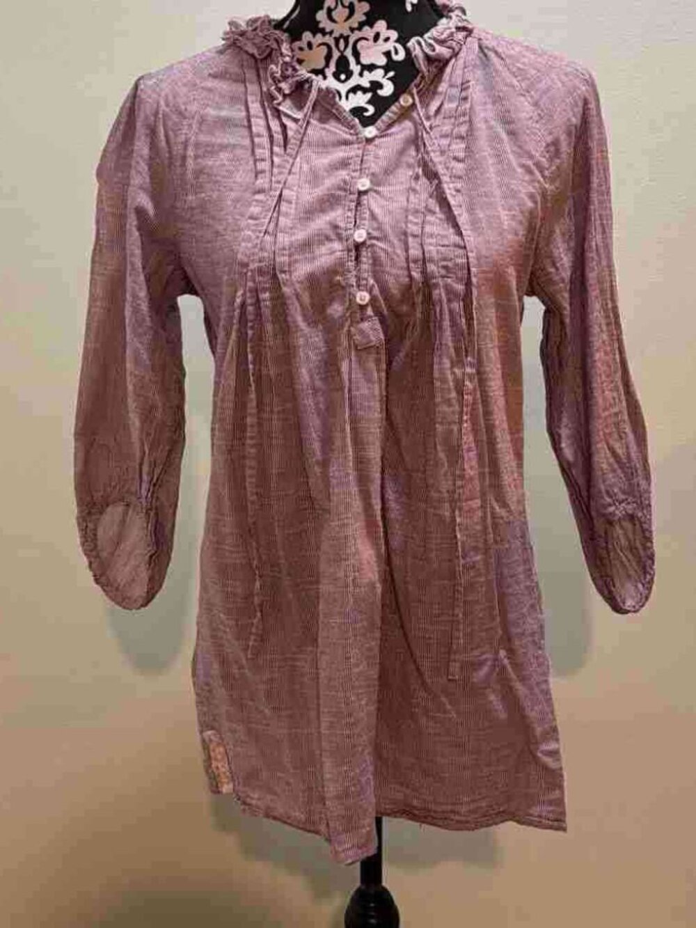 Purple Ruffle Neck 3/4 Sleeve Tunic Blouse Boho Top